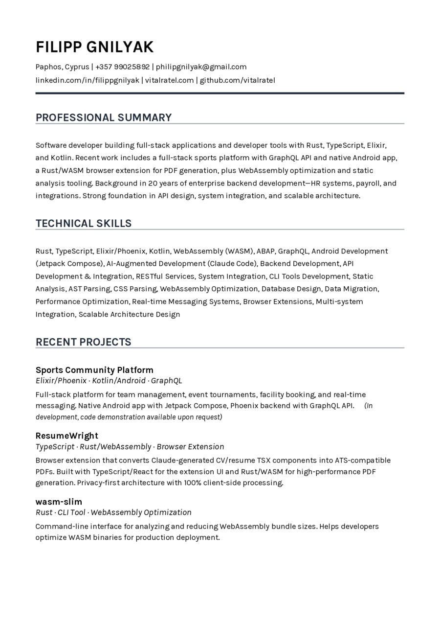 Example PDF output from ResumeWright